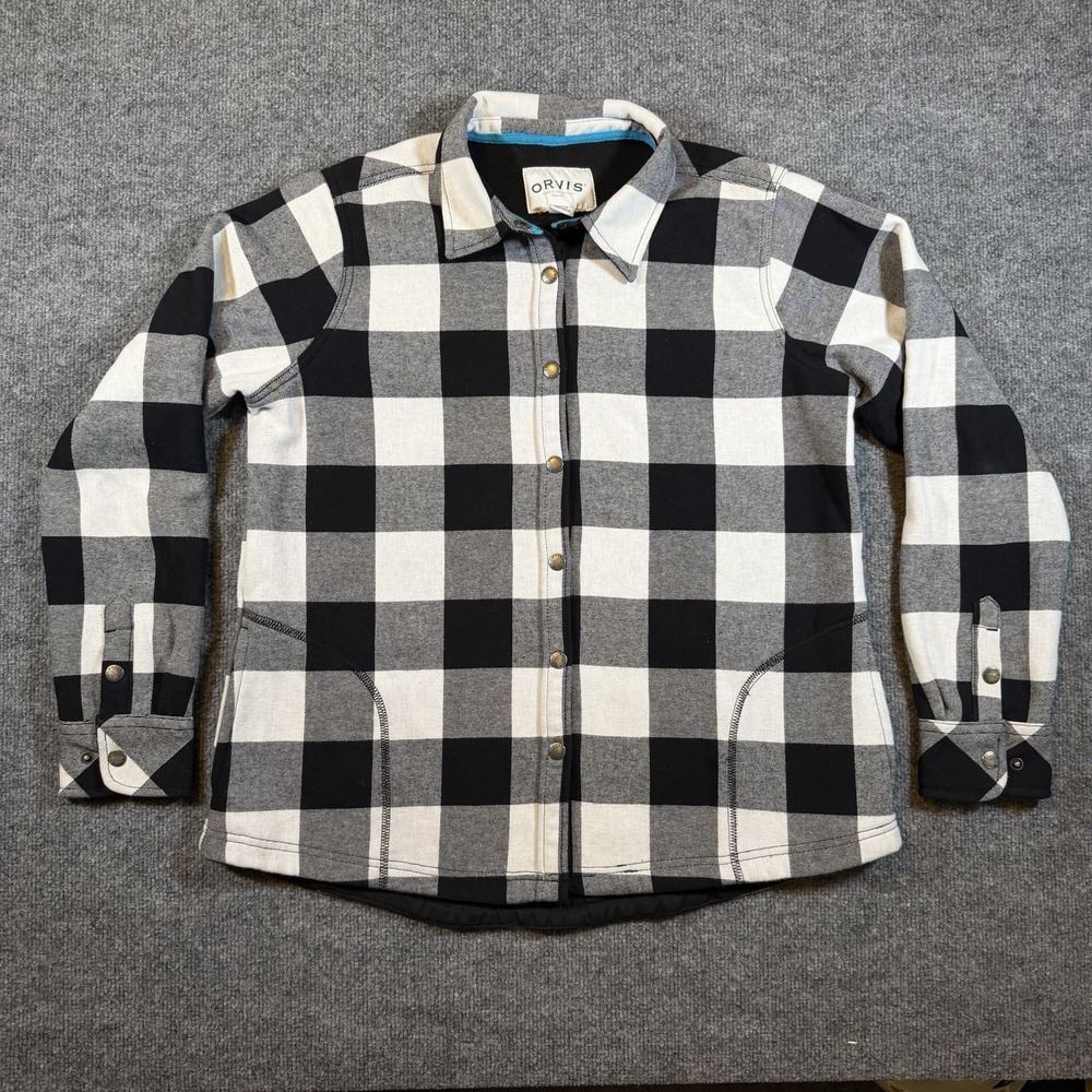 Orvis Womens L Shirt Jacket Fleece Lined Plaid Flannel Snap Front Pockets Heavy